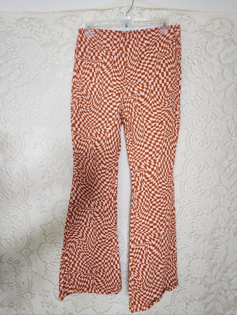 Tinseltown Orange and Cream Stretchy Checkerboard Flare Pants
